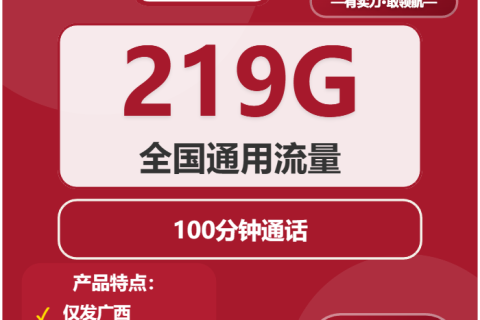 广西联通漓泉卡29元包219G通用流量+100分钟通话，首充100元享优惠