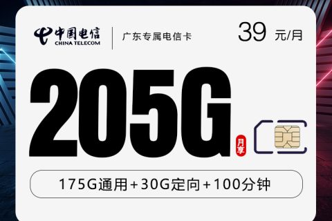 广东专属电信卡【39元205G+100分钟】套餐简介