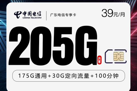 广东电信专享卡3.0【39元205G+100分钟】套餐简介