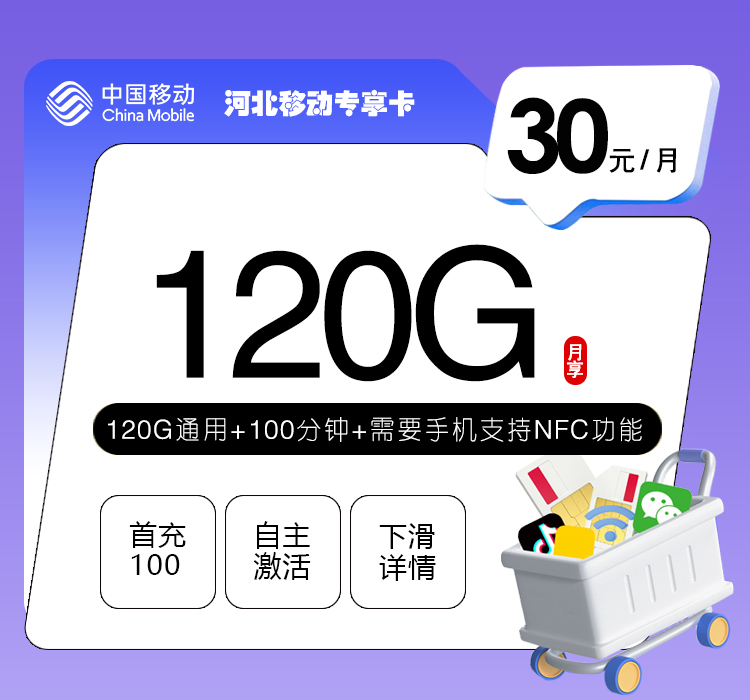 河北移动专享卡【30元120G+100分钟】