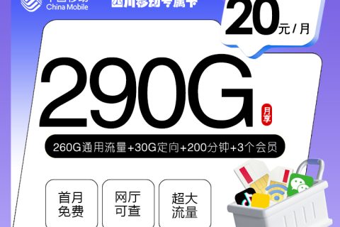 四川移动专属卡【20元290G+200分钟+3个会员】套餐简介
