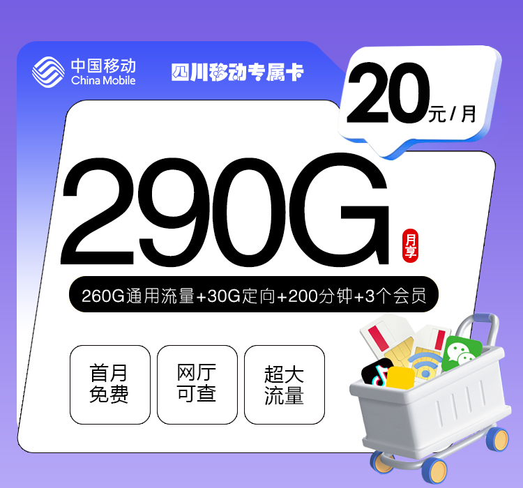 四川移动专属卡【20元290G+200分钟+3个会员】